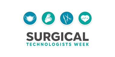 Ulusal Cerrahi Teknolojileri Haftası. Maske, eldiven, bıçak, makas ve kalp. Kartlar, afişler, posterler, sosyal medya ve daha fazlası için harika. Beyaz arkaplan. 