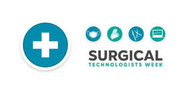 Ulusal Cerrahi Teknolojileri Haftası. Artı simge, maske, eldiven, bıçak, makas ve makine. Kartlar, afişler, posterler, sosyal medya ve daha fazlası için harika. Beyaz arkaplan. 