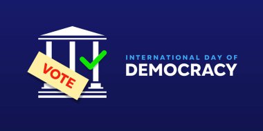 Uluslararası Demokrasi Günü. İnşaat, oy ve daha fazlası. Kartlar, afişler, posterler, sosyal medya ve daha fazlası için harika. Mavi arkaplan.