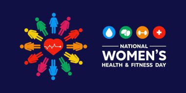 Ulusal Kadın Sağlık ve Spor Günü. Kartlar, afişler, posterler, sosyal medya ve daha fazlası için harika. Koyu mavi arkaplan.