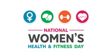 Ulusal Kadın Sağlık ve Spor Günü. Cinsiyet, brokoli, elma, halter ve kalp ikonları. Kartlar, afişler, posterler, sosyal medya ve daha fazlası için harika. Beyaz arkaplan.