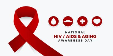 Ulusal HIV AIDS ve Yaşlanma Bilinci Günü. Kurdele, kan, bıyık, artı ikon ve kalp. Kartlar, afişler, posterler, sosyal medya ve daha fazlası için harika. Beyaz arkaplan.
