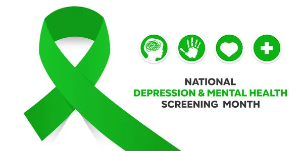 Ulusal Depresyon ve Akıl Sağlığı Tarama Ayı. Kurdele, insan eli, kalp ve artı ikon. Kartlar, afişler, posterler, sosyal medya ve daha fazlası için harika. Beyaz arkaplan.