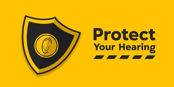 Национальный месяц защиты слуха. Ухо и щит. Отлично подходит для карт, баннеров, плакатов, социальных сетей и многого другого. Желтый фон.