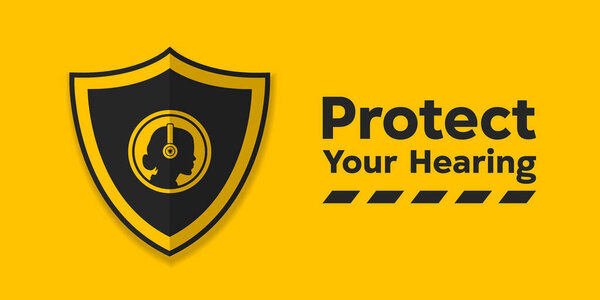 Национальный месяц защиты слуха. Наушники, щит и женщины. Отлично подходит для карт, баннеров, плакатов, социальных сетей и многого другого. Желтый фон.