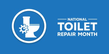 Ulusal Tuvalet Tamir Ayı. Tuvalet ve ekipman. Kartlar, afişler, posterler, sosyal medya ve daha fazlası için harika. Mavi arkaplan.