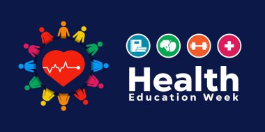 Ulusal Sağlık Eğitim Haftası. Kalp, insanlar, kitaplar ve daha fazlası. Kartlar, afişler, posterler, sosyal medya ve daha fazlası için harika. Koyu mavi arkaplan.