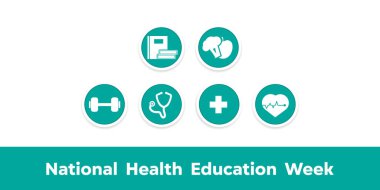 Ulusal Sağlık Eğitim Haftası. Kitaplar, brokoli, elma, halter, steteskop ve daha fazlası. Kartlar, afişler, posterler, sosyal medya ve daha fazlası için harika. Beyaz arkaplan.
