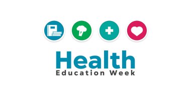 Ulusal Sağlık Eğitim Haftası. Kitaplar, brokoli, artı ikon ve kalp. Kartlar, afişler, posterler, sosyal medya ve daha fazlası için harika. Beyaz arkaplan.