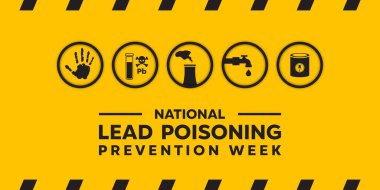 Ulusal Kurşun Zehirlemeyi Önleme Haftası. El, zehir, termal, su ve boya. Kartlar, afişler, posterler, sosyal medya ve daha fazlası için harika. Sarı arkaplan.