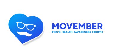 Movember Farkındalık Ayı. Kalp, bıyık ve gözlük. Kartlar, afişler, posterler, sosyal medya ve daha fazlası için harika. Beyaz arkaplan.