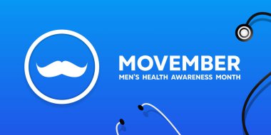 Movember Farkındalık Ayı. Bıyık ve stesthoskop. Kartlar, afişler, posterler, sosyal medya ve daha fazlası için harika. Mavi arkaplan.