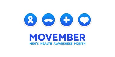 Movember Farkındalık Ayı. Kurdele, bıyık, artı ikon ve kalp. Kartlar, afişler, posterler, sosyal medya ve daha fazlası için harika. Beyaz arkaplan.