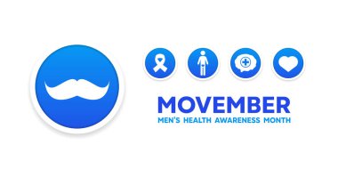 Movember Farkındalık Ayı. Bıyık, kurdele, insanlar, beyin ve kalp. Kartlar, afişler, posterler, sosyal medya ve daha fazlası için harika. Beyaz arkaplan.