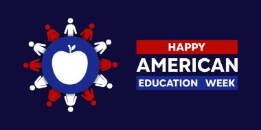 American Education Week. People and apple. Great for cards, banners, posters, social media and more. Dark blue background. clipart