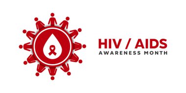 HIV AIDS Farkındalığı Ayı. İnsanlar, kan ve kurdele. Kartlar, afişler, posterler, sosyal medya ve daha fazlası için harika. Beyaz arkaplan. 