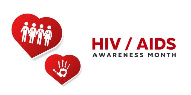 HIV AIDS Farkındalığı Ayı. İnsanlar, kurdele, el ve kalp. Kartlar, afişler, posterler, sosyal medya ve daha fazlası için harika. Beyaz arkaplan. 