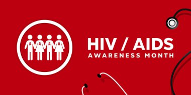 HIV AIDS Farkındalığı Ayı. İnsanlar ve stesthoskop. Kartlar, afişler, posterler, sosyal medya ve daha fazlası için harika. Kırmızı arkaplan. 