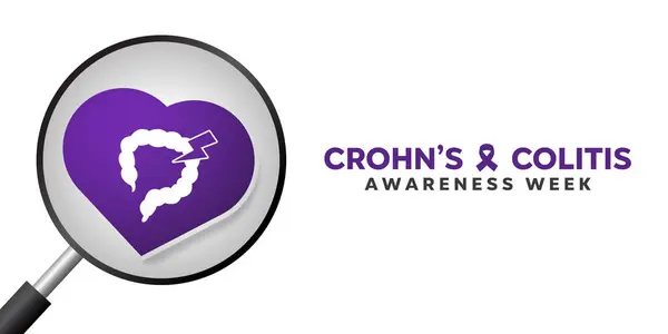Crohns ve Colitis Bilinç Haftası. Kolit ve büyüteç. Kartlar, afişler, posterler, sosyal medya ve daha fazlası için harika. Beyaz arkaplan. 