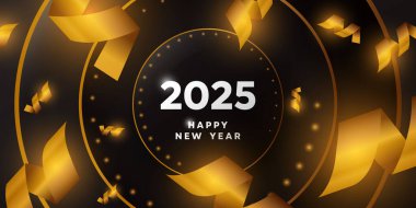 Mutlu yıllar 2025. Konfeti ve daha fazlası. Kartlar, afişler, posterler, sosyal medya ve daha fazlası için harika. Siyah arkaplan.