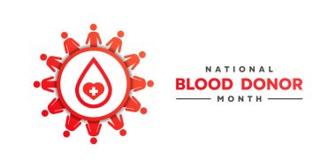 Ulusal Kan Bağışı Ayı. Kan, halk, kalp ve artı ikon. Kartlar, afişler, posterler, sosyal medya ve daha fazlası için harika. Beyaz arkaplan. 