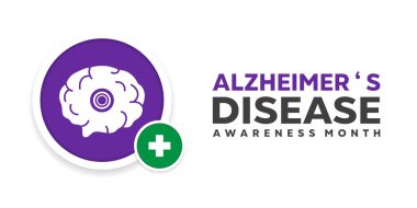 Ulusal Alzheimer Hastalıkları Bilinç Ayı. Beyin ve artı simge. Kartlar, afişler, posterler, sosyal medya ve daha fazlası için harika. Beyaz arkaplan.