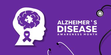 Ulusal Alzheimer Hastalıkları Bilinç Ayı. İnsan, yapboz, kurdele ve stesthoskop. Kartlar, afişler, posterler, sosyal medya ve daha fazlası için harika. Mor arkaplan.