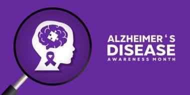 Ulusal Alzheimer Hastalıkları Bilinç Ayı. İnsan, yapboz, kurdele ve büyüteç. Kartlar, afişler, posterler, sosyal medya ve daha fazlası için harika. Mor arkaplan.