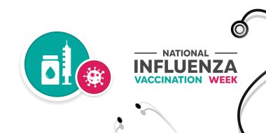 Influenza Bağışıklık Aşı Haftası. Şırınga, virüs, ilaç ve stesoskop. Kartlar, afişler, posterler, sosyal medya ve daha fazlası için harika. Beyaz arkaplan.