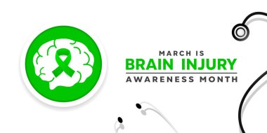 Mart, beyin hasarı farkındalığı ayıdır. Beyin, kurdele ve stesthoskop. Kartlar, afişler, posterler, sosyal medya ve daha fazlası için harika. Beyaz arkaplan.
