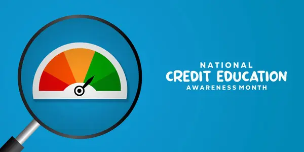 Ulusal Kredi Eğitimi Ayı. Büyüteç ve kredi skoru. Kartlar, afişler, posterler, sosyal medya ve daha fazlası için harika. Mavi arkaplan.