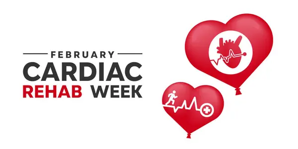 Ulusal Kardiyak Rehabilitasyon Haftası. Kalp atışı, balon ve insanlar. Kartlar, afişler, posterler, sosyal medya ve daha fazlası için uygun. Beyaz arkaplan. 