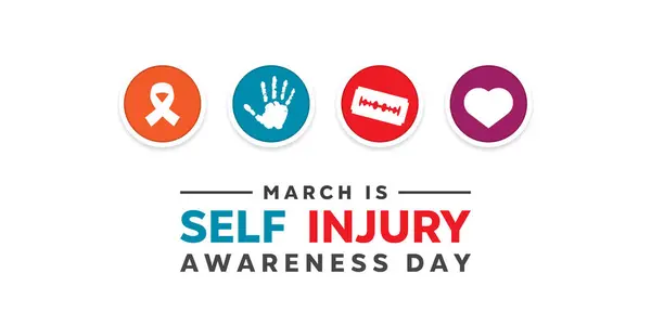 Kendine Yaralama Farkındalık Günü. Kurdele, el, jilet ve kalp. Kartlar, afişler, posterler, sosyal medya ve daha fazlası için harika. Beyaz arkaplan.  