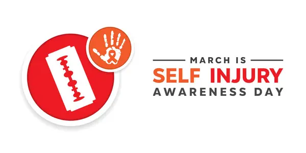 Kendine Yaralama Farkındalık Günü. Kurdele, el ve jilet. Kartlar, afişler, posterler, sosyal medya ve daha fazlası için harika. Beyaz arkaplan.  