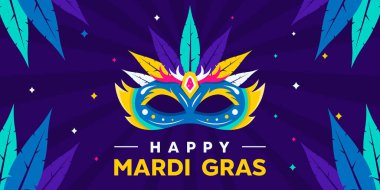Mutlu Mardi Glas 'lar. Maske ve daha fazlası. Kartlar, afişler, posterler, sosyal medya ve daha fazlası için harika. Mor arkaplan.  
