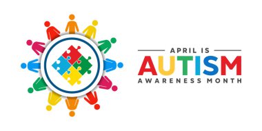 Otizm Farkındalık Ayı. İnsanlar ve yapboz. Kartlar, afişler, posterler, sosyal medya ve daha fazlası için harika. Beyaz arkaplan.