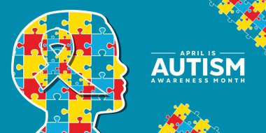 Otizm Farkındalık Ayı. Çocuklar ve kurdele. Kartlar, afişler, posterler, sosyal medya ve daha fazlası için harika. Mavi arkaplan.