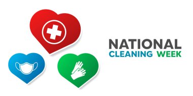 National Cleaning Week. Glove, mask, plus icon and heart. Great for cards, banners, posters, social media and more. White background.    clipart