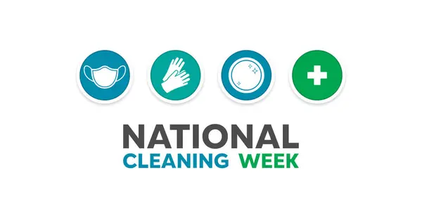 Ulusal Temizlik Haftası. Maske, eldiven, tabak ve ikon artı. Kartlar, afişler, posterler, sosyal medya ve daha fazlası için harika. Beyaz arkaplan.   