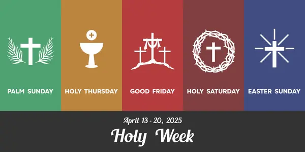 Kutsal hafta 2025. Haç, palmiye yaprakları, bardak ve taç. Kartlar, afişler, posterler, sosyal medya ve daha fazlası için harika. Siyah arkaplan.
