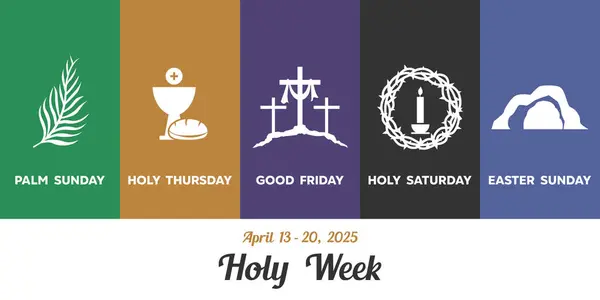Kutsal hafta 2025. Palmiye yaprakları, bardak, ekmek, haç, mum ve mağara. Kartlar, afişler, posterler, sosyal medya ve daha fazlası için harika. Beyaz arkaplan.
