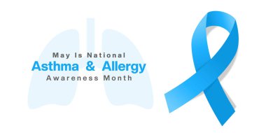 May, Astım ve Alerji Farkındalığı Ayı. Akciğer ve kurdele. Posterler, afişler, sosyal medya ve daha fazlası için harika. Beyaz arkaplan.