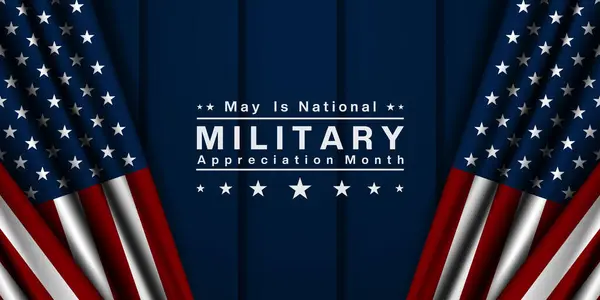 Mayıs, Ulusal Askeri Takdir Ayı 'dır. Amerikan bayrağı ve yıldızı. Posterler, afişler, sosyal medya ve daha fazlası için harika. Koyu mavi arkaplan. 