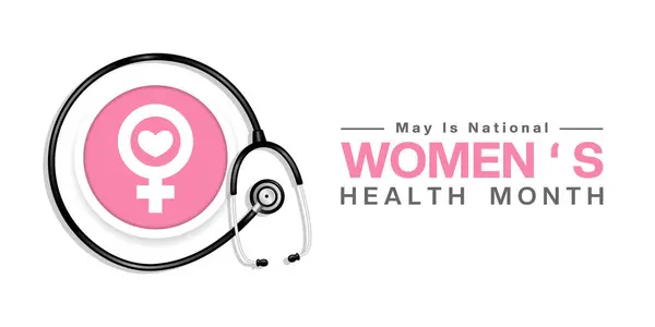 Mayıs, Ulusal Kadın Sağlığı Ayı. Cinsiyet ikonu, kalp ve steteskop. Posterler, afişler, sosyal medya ve daha fazlası için uygun. Beyaz arkaplan.