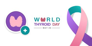 Dünya Tiroid Günü. Tiroid, artı ikon ve kurdele. Posterler, afişler, sosyal medya ve daha fazlası için harika. Beyaz arkaplan. 