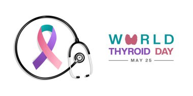 Dünya Tiroid Günü. Kurdele ve steteskop. Posterler, afişler, sosyal medya ve daha fazlası için harika. Beyaz arkaplan. 