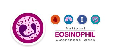 Ulusal Eosinophil Farkındalık Haftası. Eozinophil, kan, akciğer, kemik ve bağırsak. Posterler, afişler, sosyal medya ve daha fazlası için harika. Beyaz arkaplan.