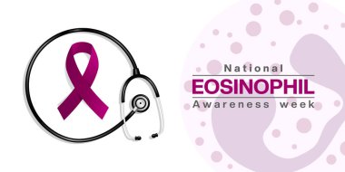 Ulusal Eosinophil Farkındalık Haftası. Kurdele ve steteskop. Posterler, afişler, sosyal medya ve daha fazlası için harika. Beyaz arkaplan.