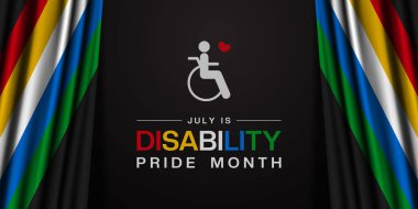 Engelli Gurur Ayı. Bayrak sakatlığı, insanlar ve kalp. Posterler, afişler, sosyal medya ve daha fazlası için harika. Siyah arkaplan.