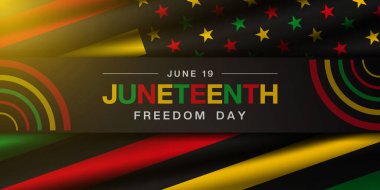 19 Haziran, Haziran özgürlük günüdür. Bayrak ve ışık. Posterler, afişler, sosyal medya ve daha fazlası için harika. Siyah arkaplan.